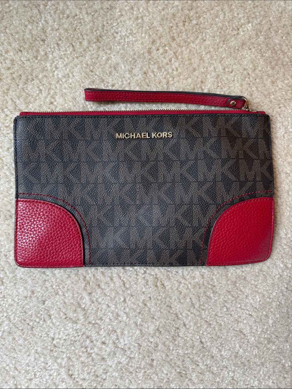 Michael Kors Brown MK Logo Pouch with Red Accent